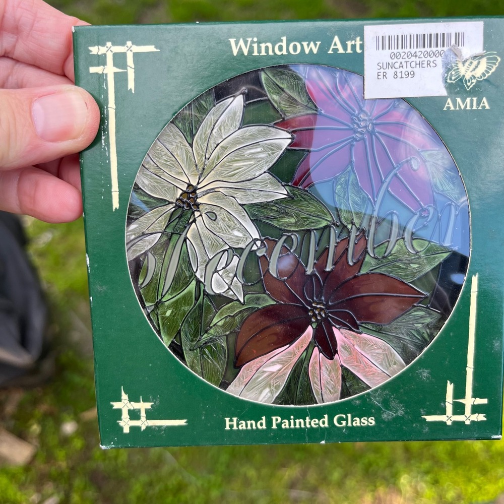 AMIA December Poinsettia Suncatcher Hand Painted Glass Window Art 6" vintage